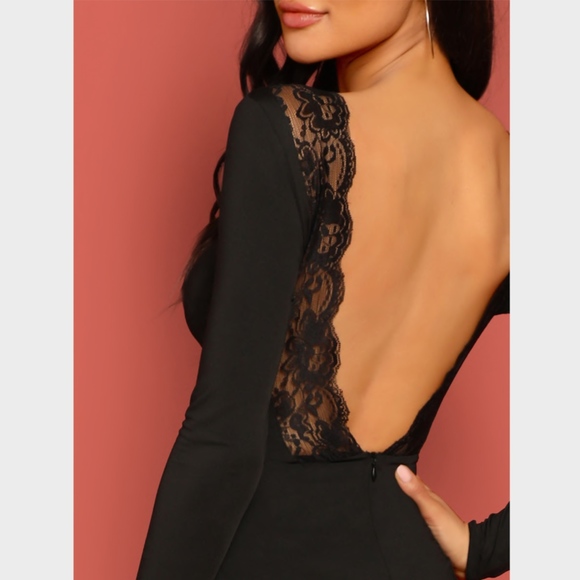 Lace Detail Backless Black Midi Pencil Dress - Picture 4 of 9